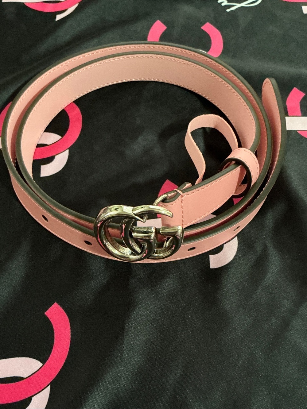 Authentic pink Gucci GG silver thin belt size 80cm, new